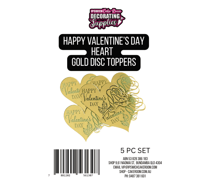 Happy Valentine's Day Heart Gold Disc Cake Toppers 5pc Set