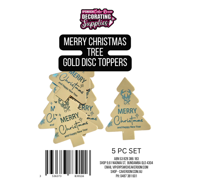 Merry Christmas Tree Gold Disc Cake Toppers 5pc Set