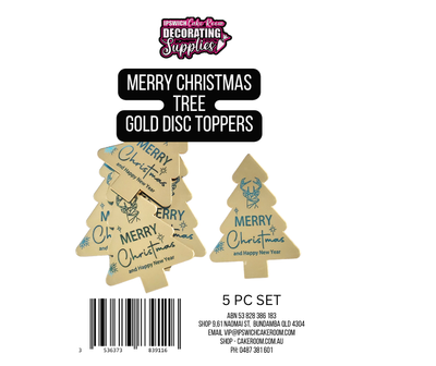Merry Christmas Tree Gold Disc Cake Toppers 5pc Set