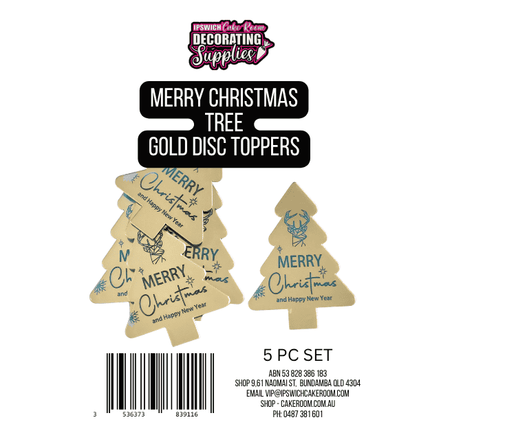 Merry Christmas Tree Gold Disc Cake Toppers 5pc Set