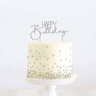 Cake Topper Happy Birthday Silver Metal (Cake & Candle)