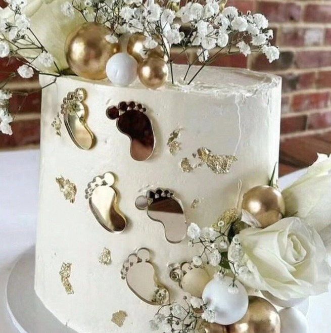 Baby Shower Footprint & Pram Cake Topper Gold Acrylic