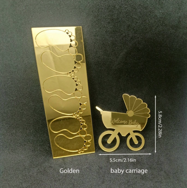Baby Shower Footprint & Pram Cake Topper Gold Acrylic