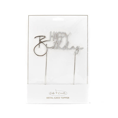 Cake Topper Happy Birthday Silver Metal (Cake & Candle)
