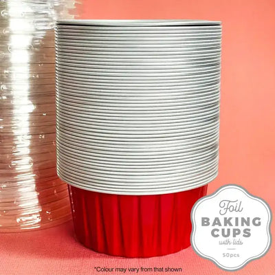 FOIL BAKING CUP WITH LID | ROUND | RED | 50 PACK (CAKE CRAFT)