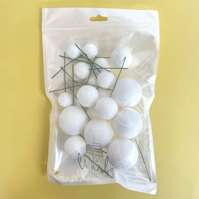 GLITTER WHITE | DECO FOAM BALL TOPPER | 20 PC SET