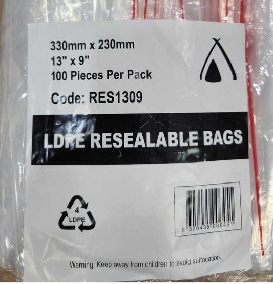 RESEALABLE BAGS 13" x 9" (Fits A4 Sheet) 100 pack