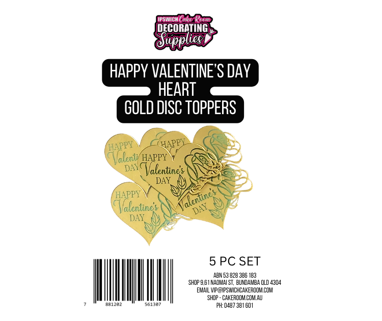 Happy Valentine's Day Heart Gold Disc Cake Toppers 5pc Set