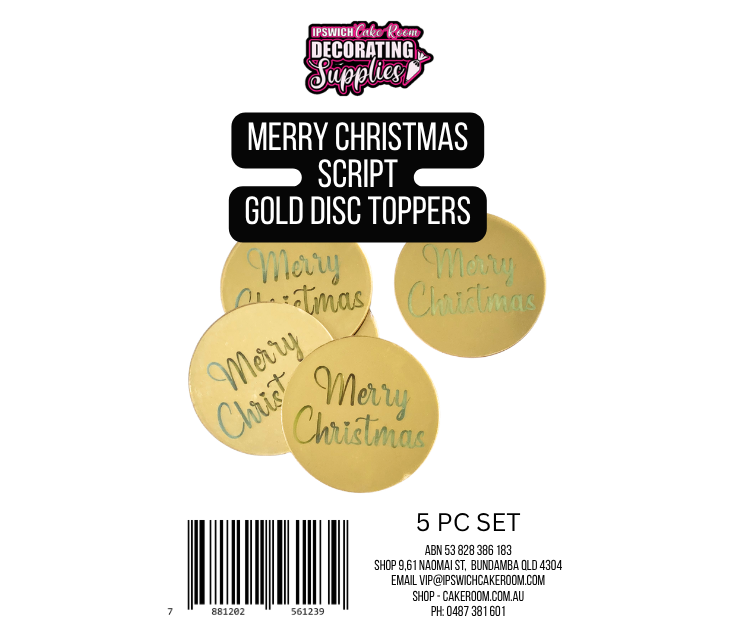 Merry Christmas Script Gold Disc Cake Toppers 5pc Set