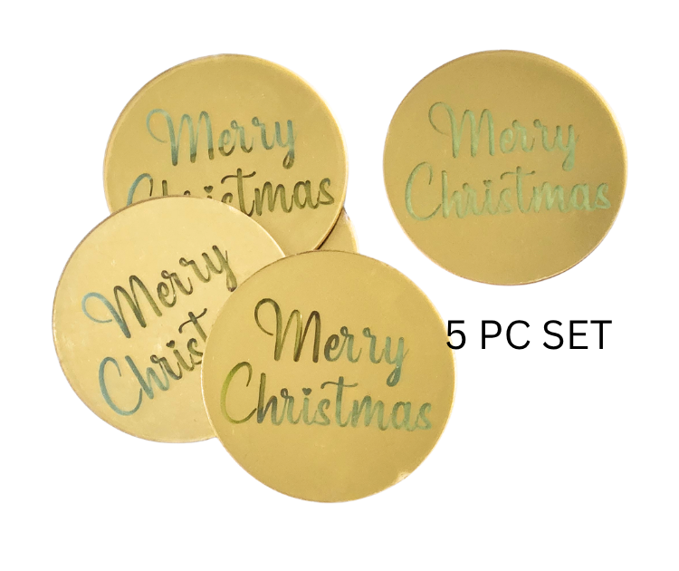 Merry Christmas Script Gold Disc Cake Toppers 5pc Set