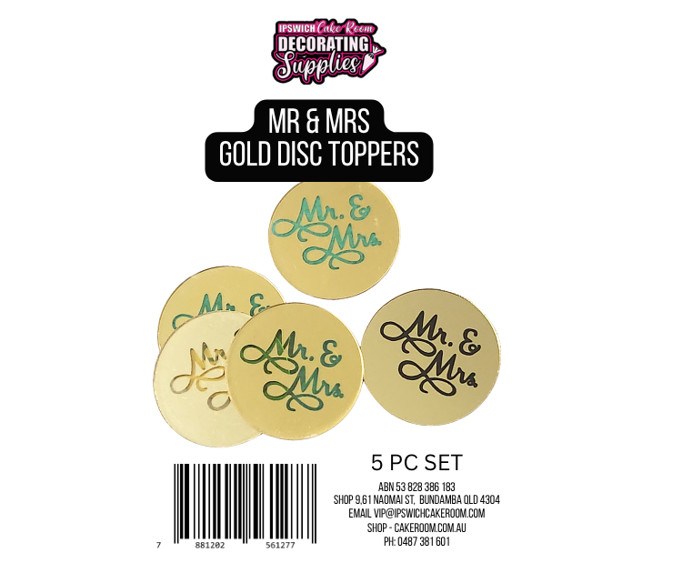 Mr & Mrs Gold Disc Cake Toppers 5pc Set