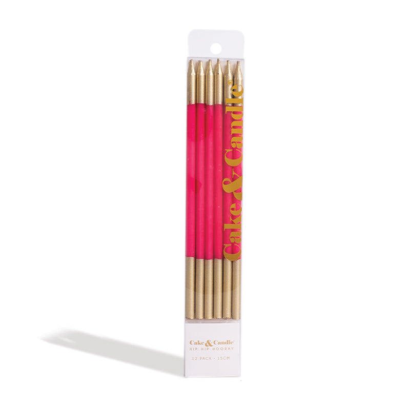 Cake Candle 15cm GOLD DOUBLE DIPPED - HOT PINK (Pack of 12)