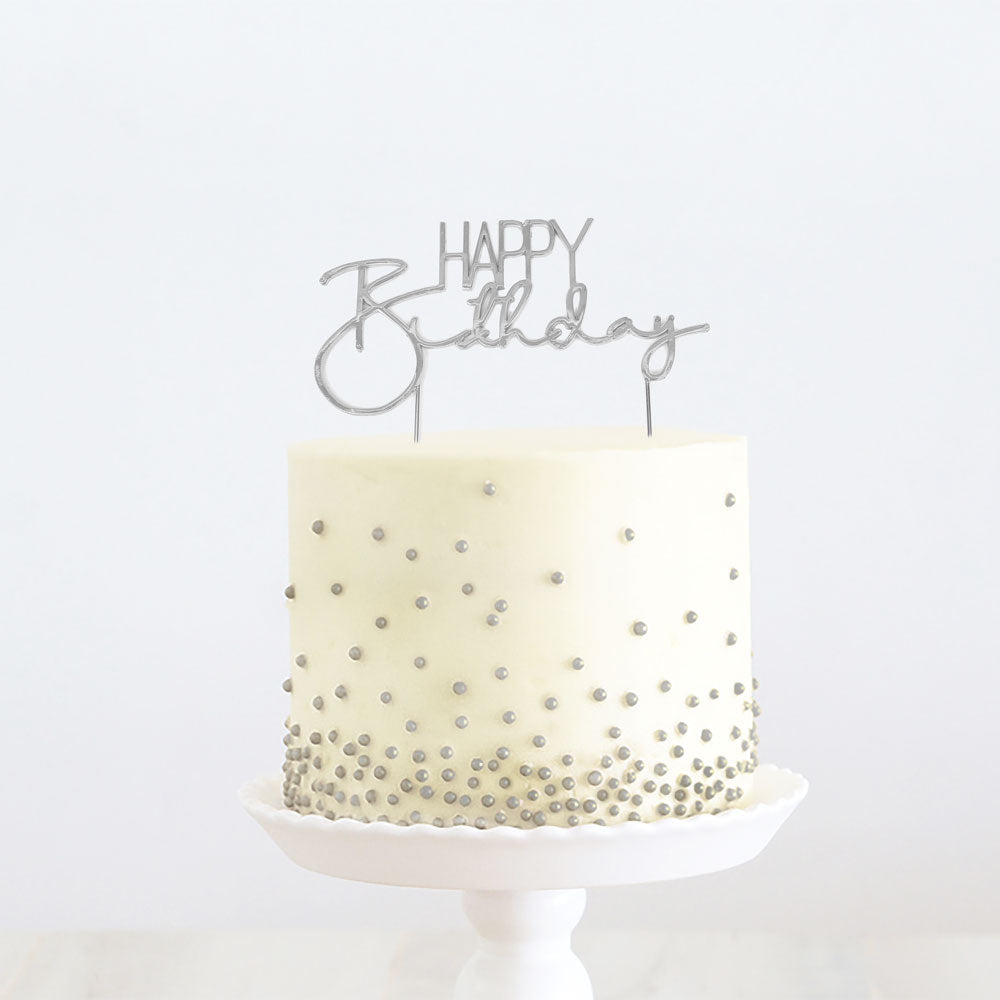 Cake Topper Happy Birthday Silver Metal (Cake & Candle)