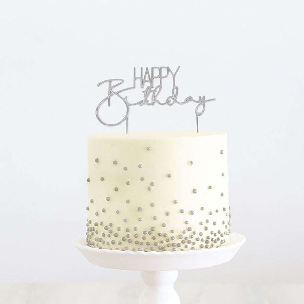 Cake Topper Happy Birthday Silver Metal (Cake & Candle)