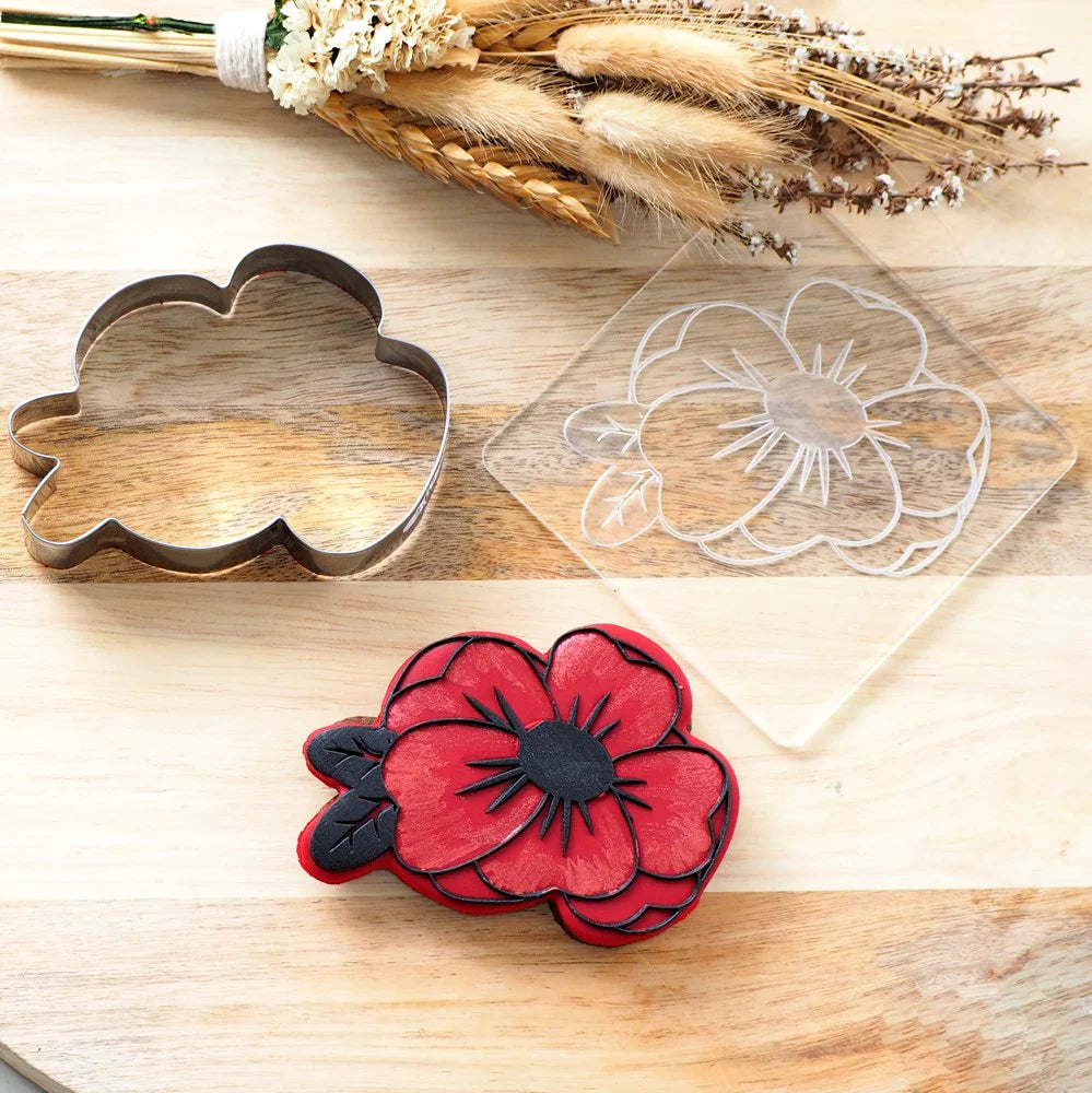 Cookie Stamp Poppy Flower (Stamp Set) Raise It Up / Deboss Cookie Stamp + Stainless Steel Cookie Cutter