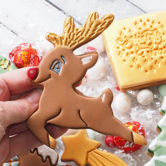 Cookie Cutter Reindeer Leaping (Stamp Set) Emboss 3D Printed Cookie Stamp + Stainless Steel Cookie Cutter