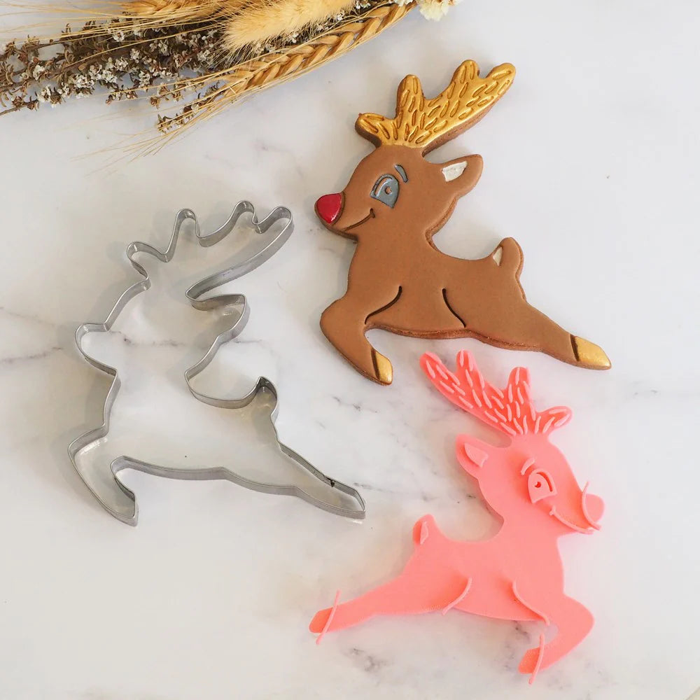 Cookie Cutter Reindeer Leaping (Stamp Set) Emboss 3D Printed Cookie Stamp + Stainless Steel Cookie Cutter