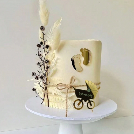 Baby Shower Footprint & Pram Cake Topper Gold Acrylic