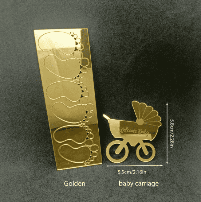 Baby Shower Footprint & Pram Cake Topper Gold Acrylic – view 3