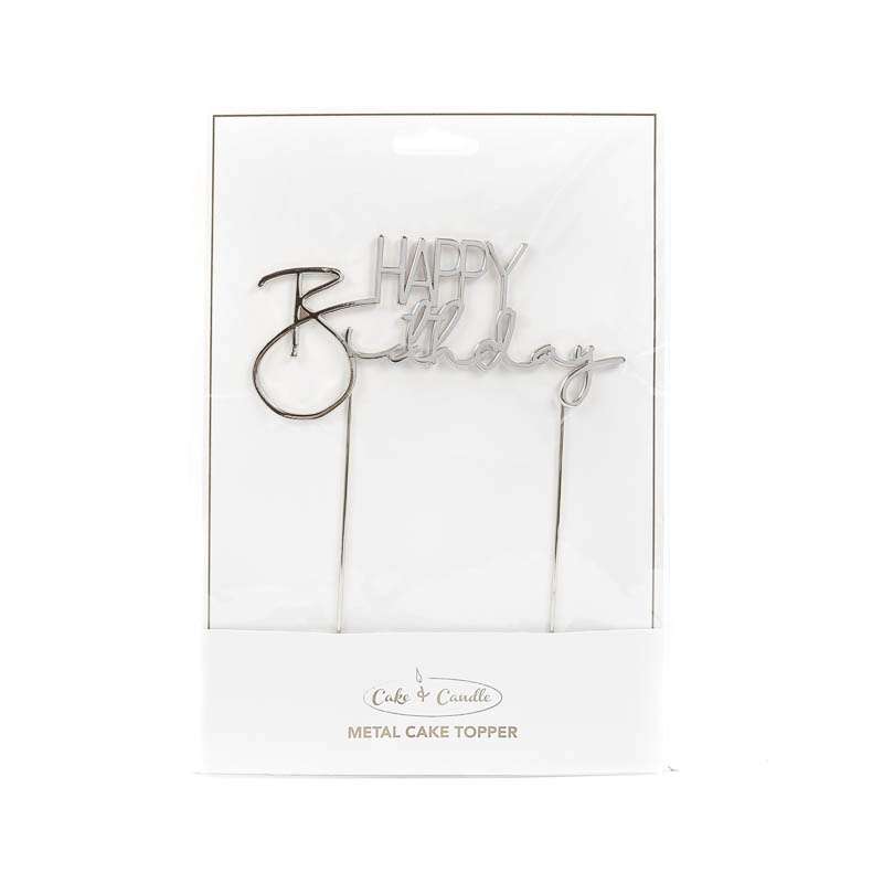 Cake Topper Happy Birthday Silver Metal (Cake & Candle) – view 2