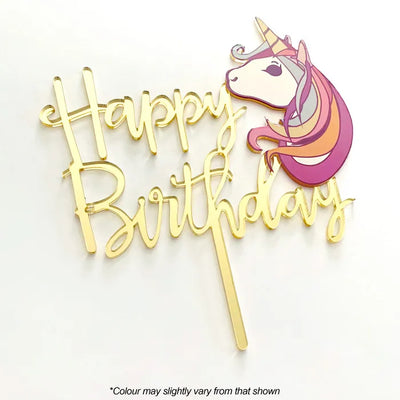 HAPPY BIRTHDAY UNICORN GOLD MIRROR ACRYLIC TOPPER