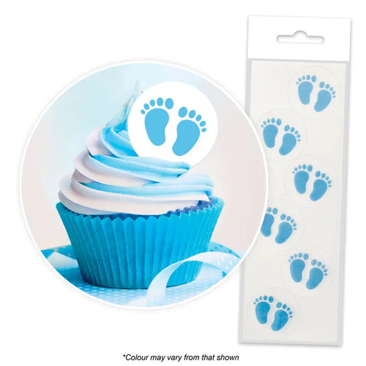 Edible Wafer Cupcake Toppers Blue Baby Feet  24 piece pack