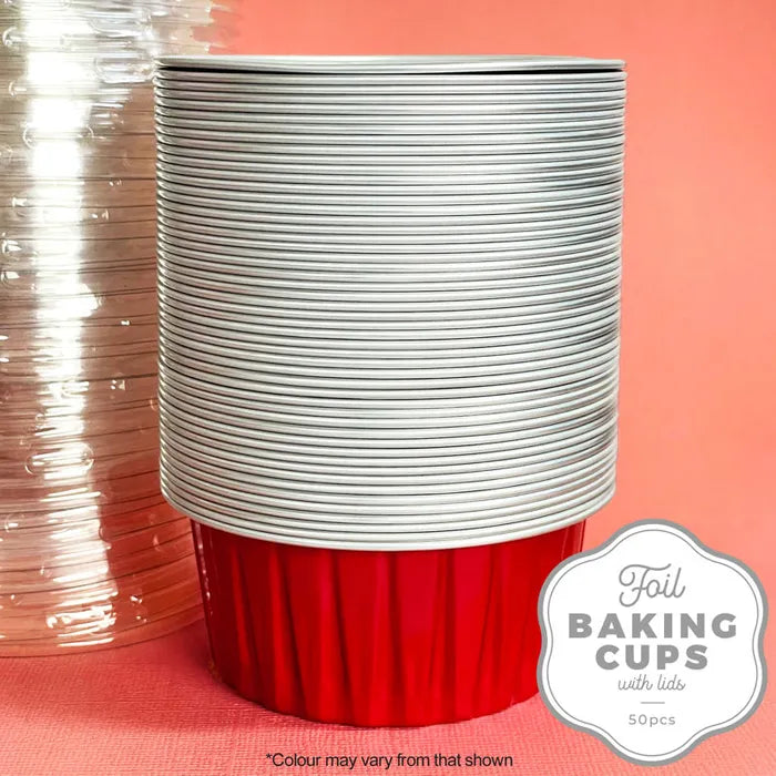 FOIL BAKING CUP WITH LID | ROUND | RED | 50 PACK (CAKE CRAFT)