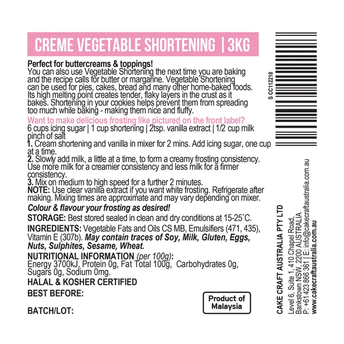 Shortneing Crème Vegtable Shortening 3kg